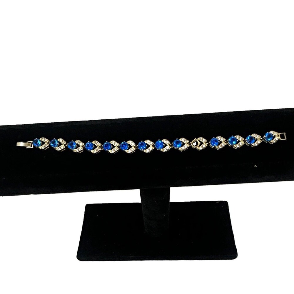 Gold Tone Blue Rhinestone Link Bracelet Vintage Style Statement Jewelry